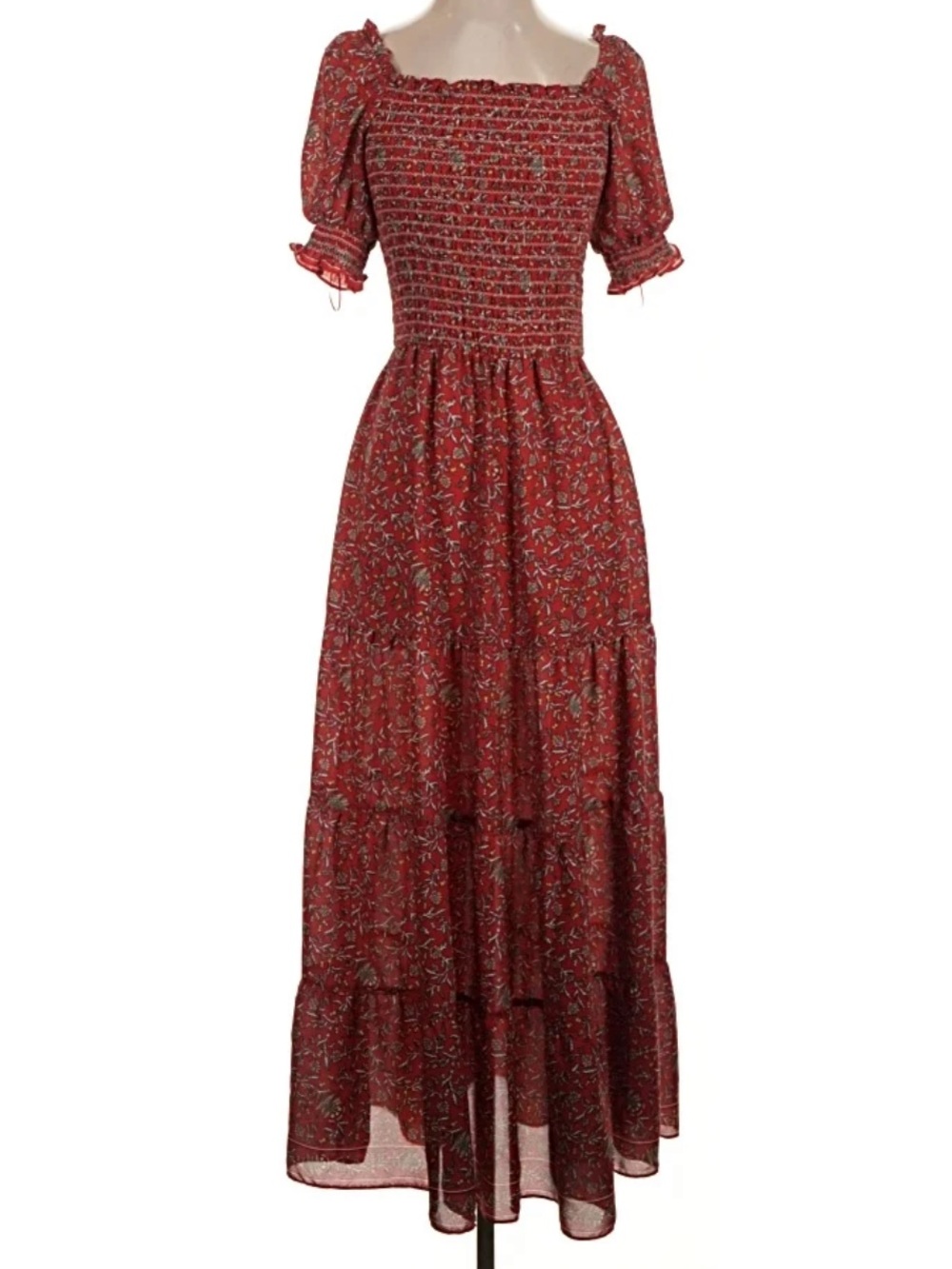 MAX STUDIOS Smocked Square-Neck Maxi Dress in Rust Floral